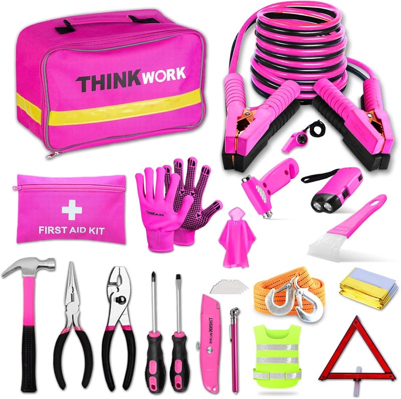 THINKWORK Car Emergency Kit for Teen Girl and Lady's Gifts, Pink Emergency Roadside Assistance kit with Pink Car Tool Set, 10FT Jumper, First Aid Kit, and More Ideal Pink Car Accessories Tool - E8 - Image 1